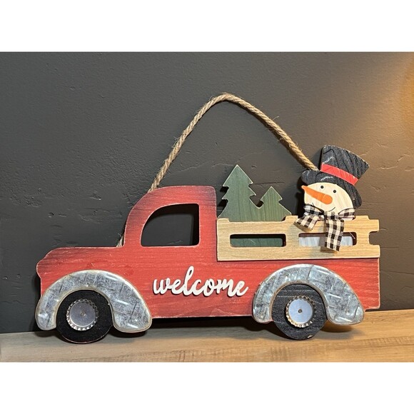 Hanging Red Truck Snowman Christmas Welcome Sign Rustic Country Farmhouse Cabin - Picture 4 of 4